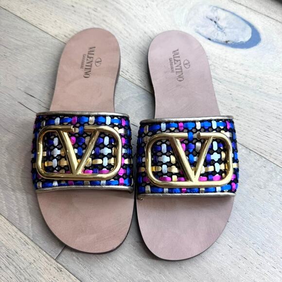 VALENTINO GARAVANI Sandals 5mm V logo Cotton Flats size 7 Multicolored Authentic - Picture 3 of 8